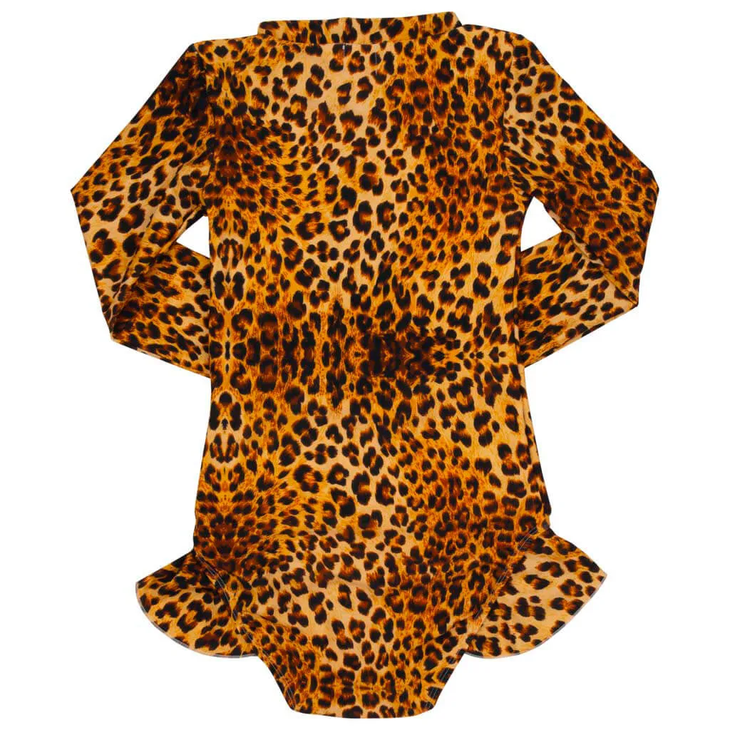 Leopard Print Long Sleeve Girls Zip Swimmers