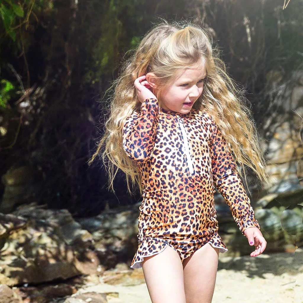 Leopard Print Long Sleeve Girls Zip Swimmers