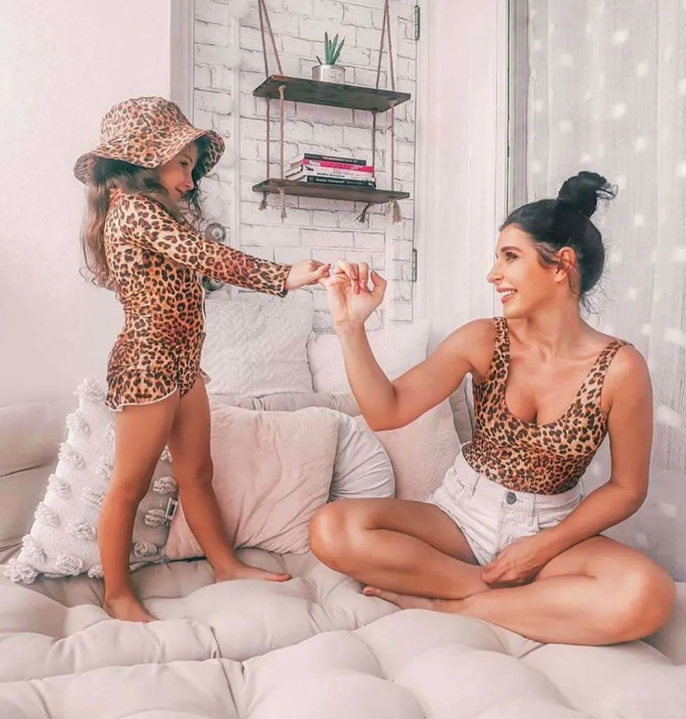 Leopard Print Long Sleeve Girls Zip Swimmers