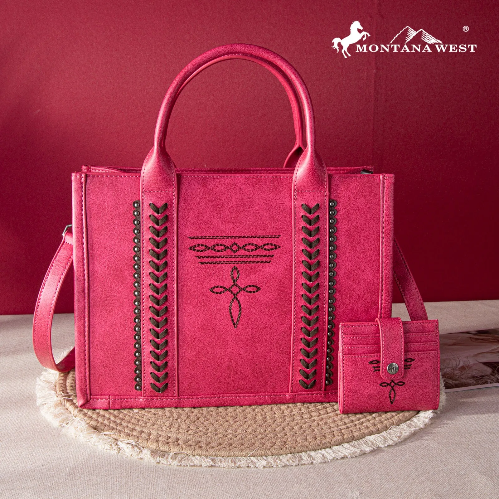 MW1124-H8120SW  Montana West Whipstitch Concealed Carry Tote With Matching Bi-Fold Wallet - Hot Pink