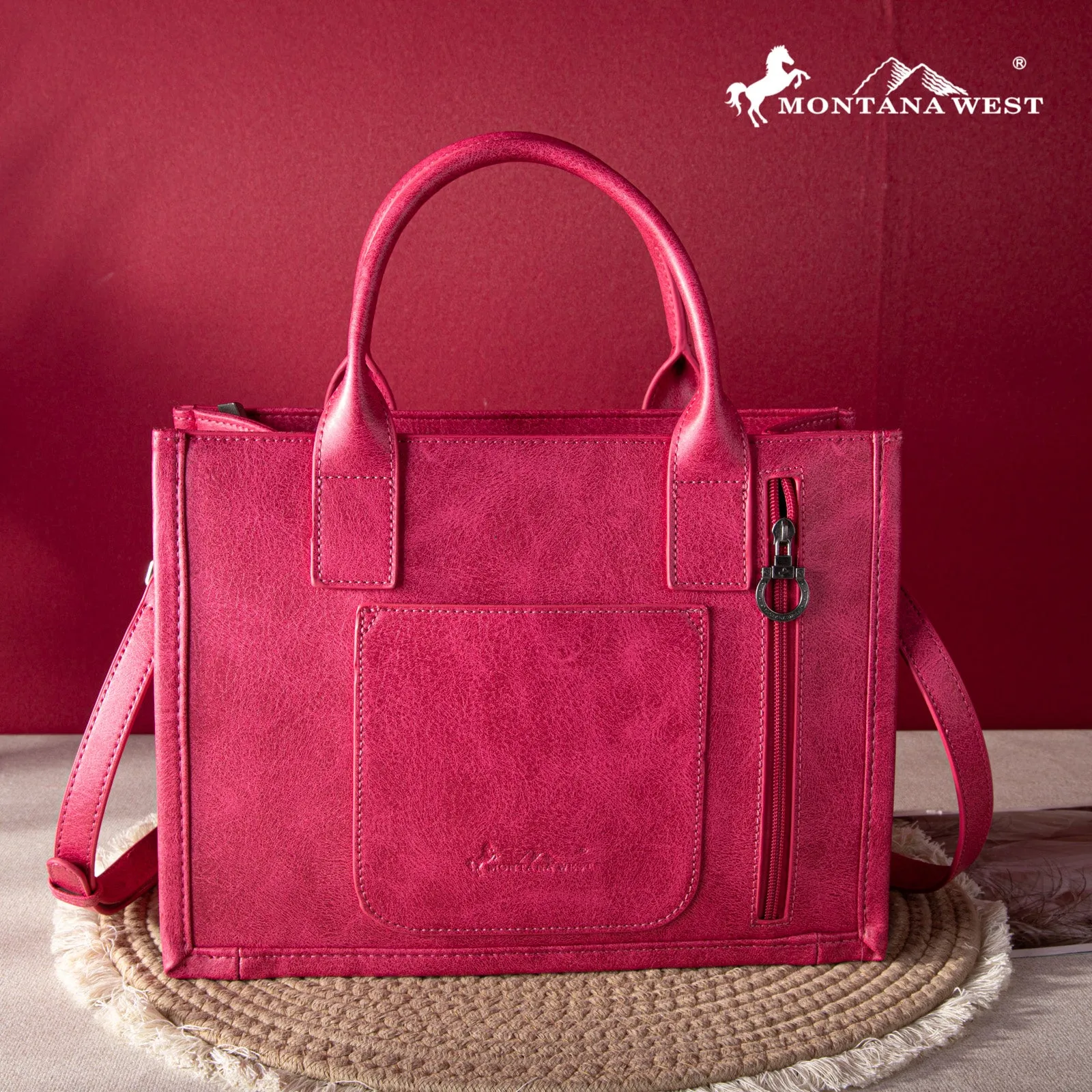 MW1124-H8120SW  Montana West Whipstitch Concealed Carry Tote With Matching Bi-Fold Wallet - Hot Pink