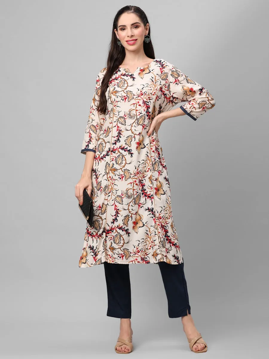 Off White Floral Printed Kurta With Trouser