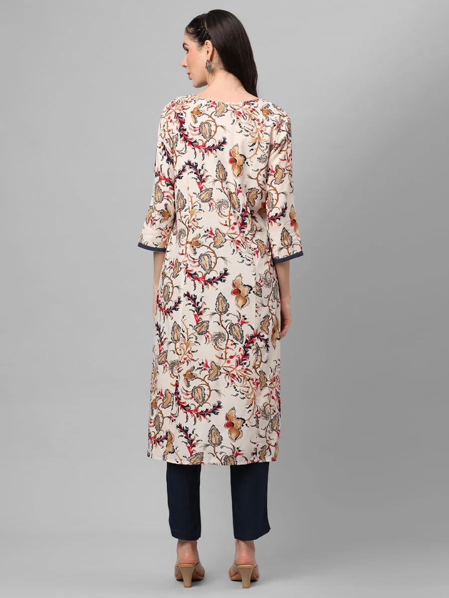 Off White Floral Printed Kurta With Trouser