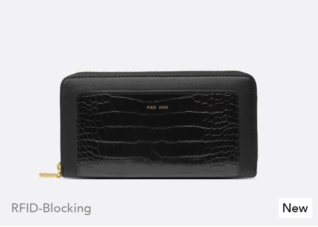 Pixie Mood RFID Blocking Black EMMA ZIP Vegan Leather Croc Wallet