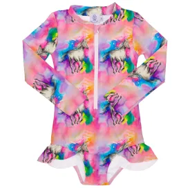 PREORDER Rainbow Horses Girls Long Sleeve Zip Swimmers (Ships w/c 2nd Dec)