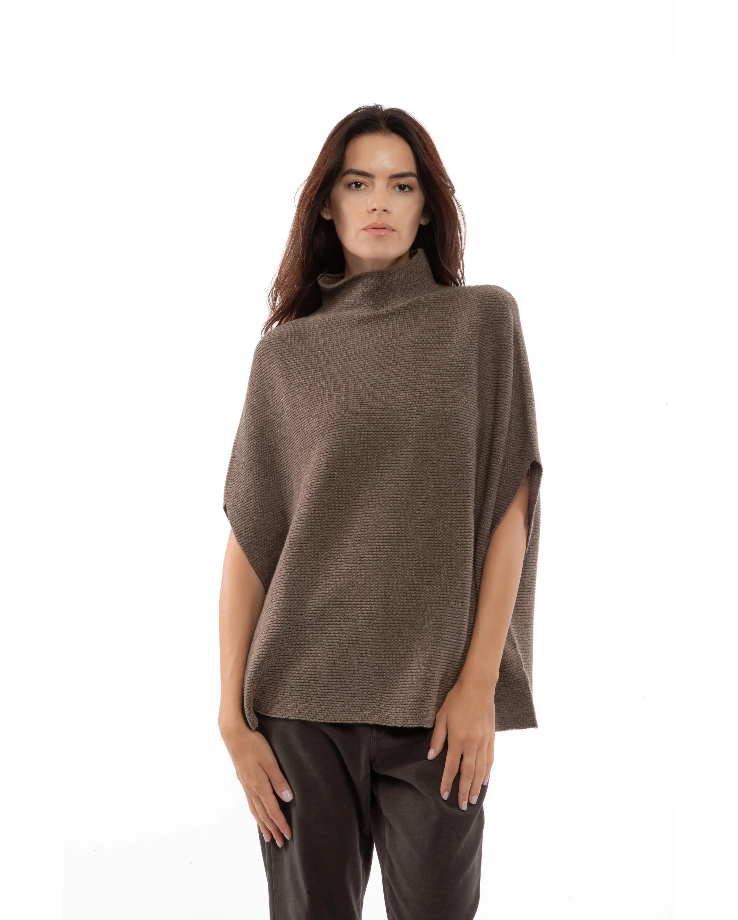 Pure Cashmere Funnel Neck Poncho Brown