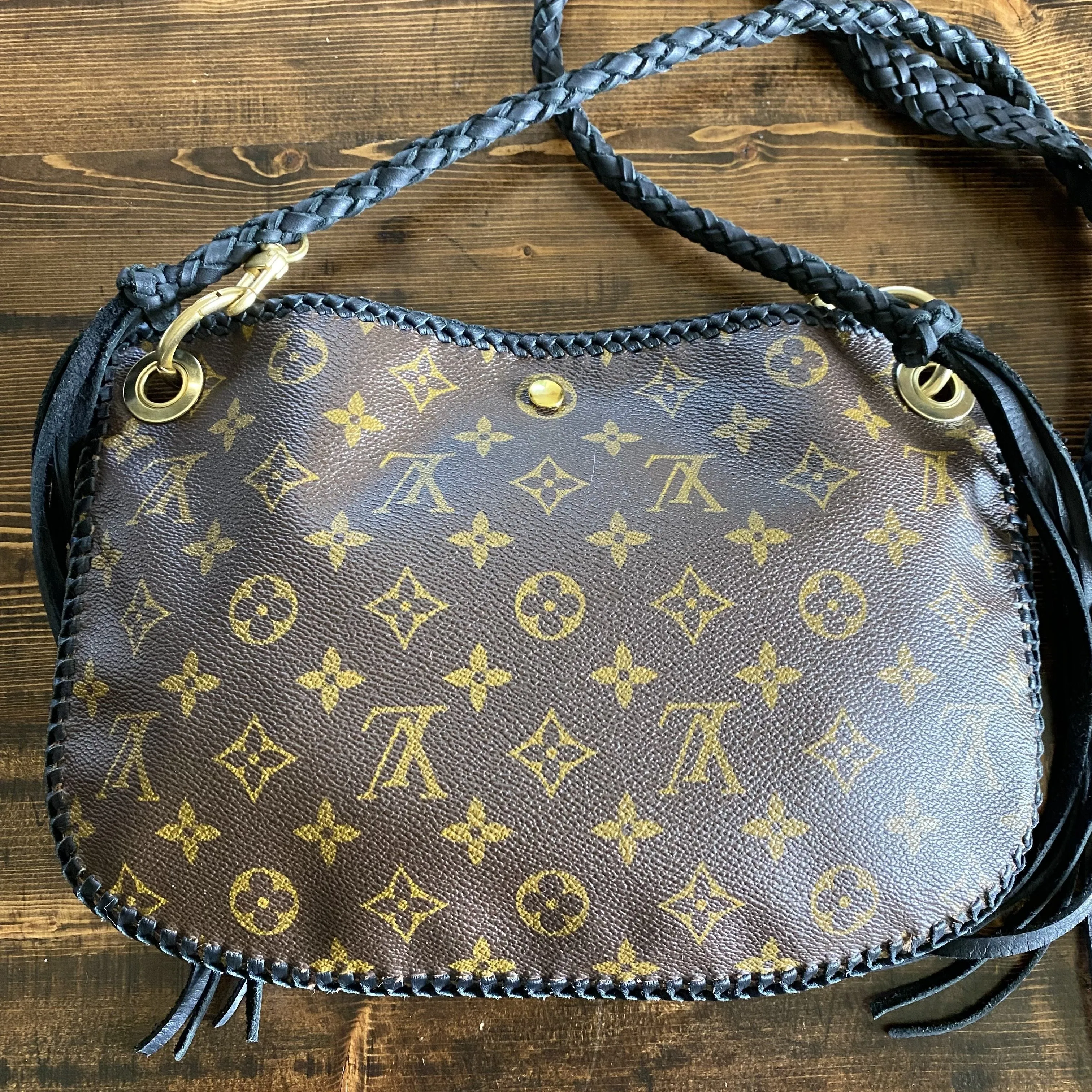 The Peacock - Vintage Monogram Hobo Crossbody in Black - Brass Hardware