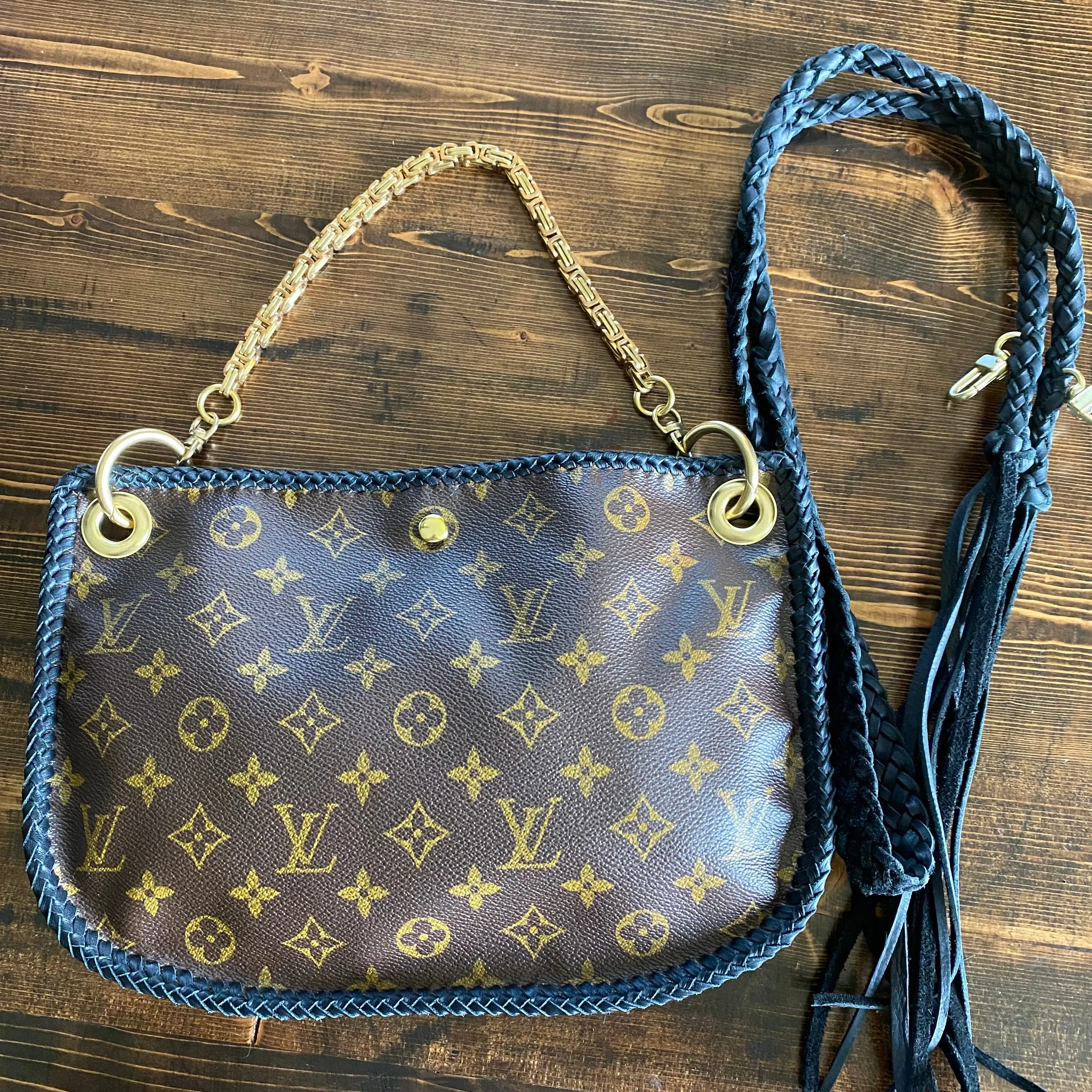 The Peacock - Vintage Monogram Hobo Crossbody in Black - Brass Hardware