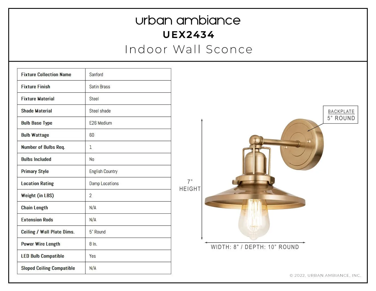 UEX2434 New Traditional Wall Sconce 7''H x 8''W, Satin Brass Finish, Sanford Collection