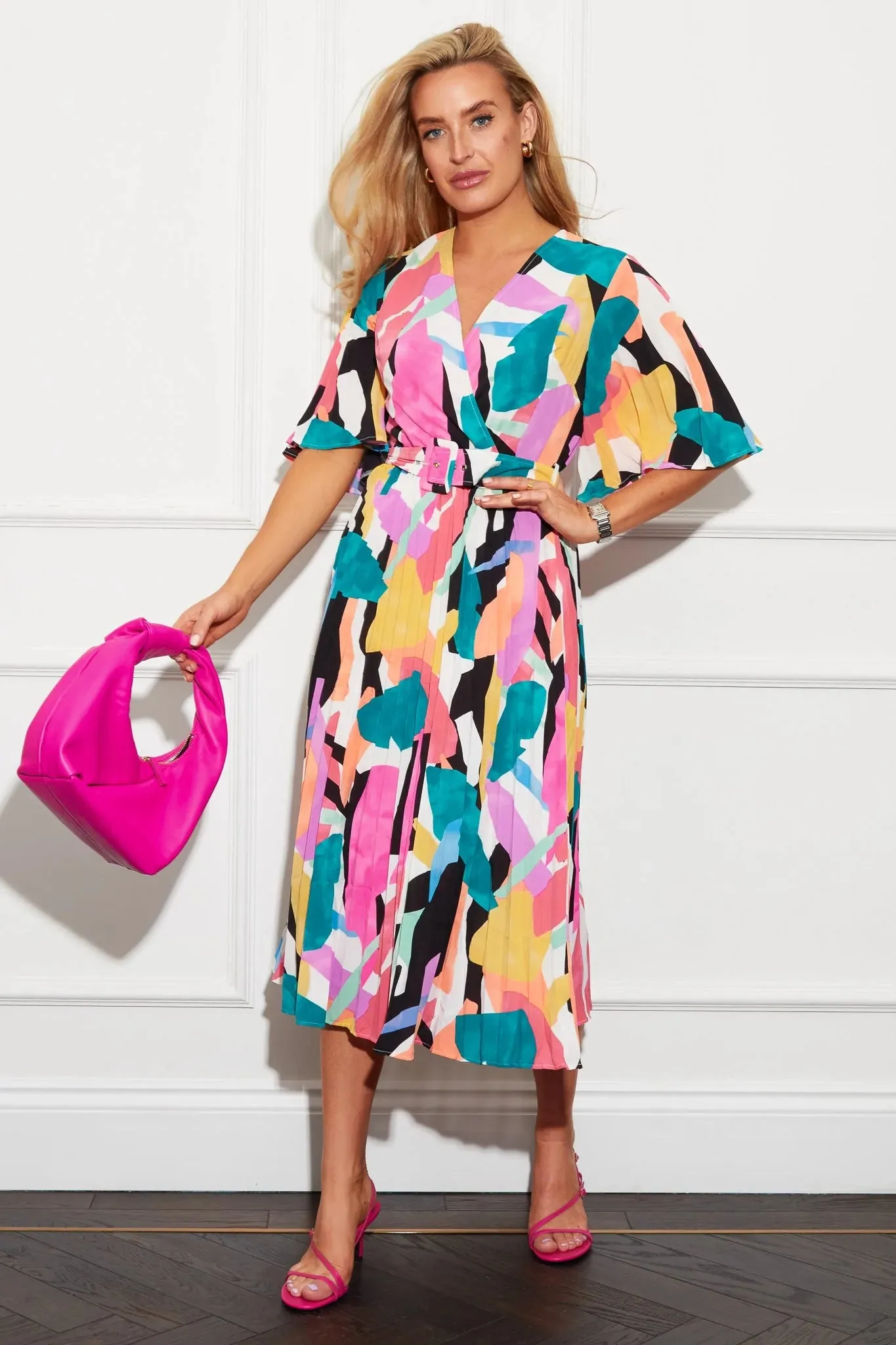 Una Multi Colour Block Pleated Belted Midi Dress