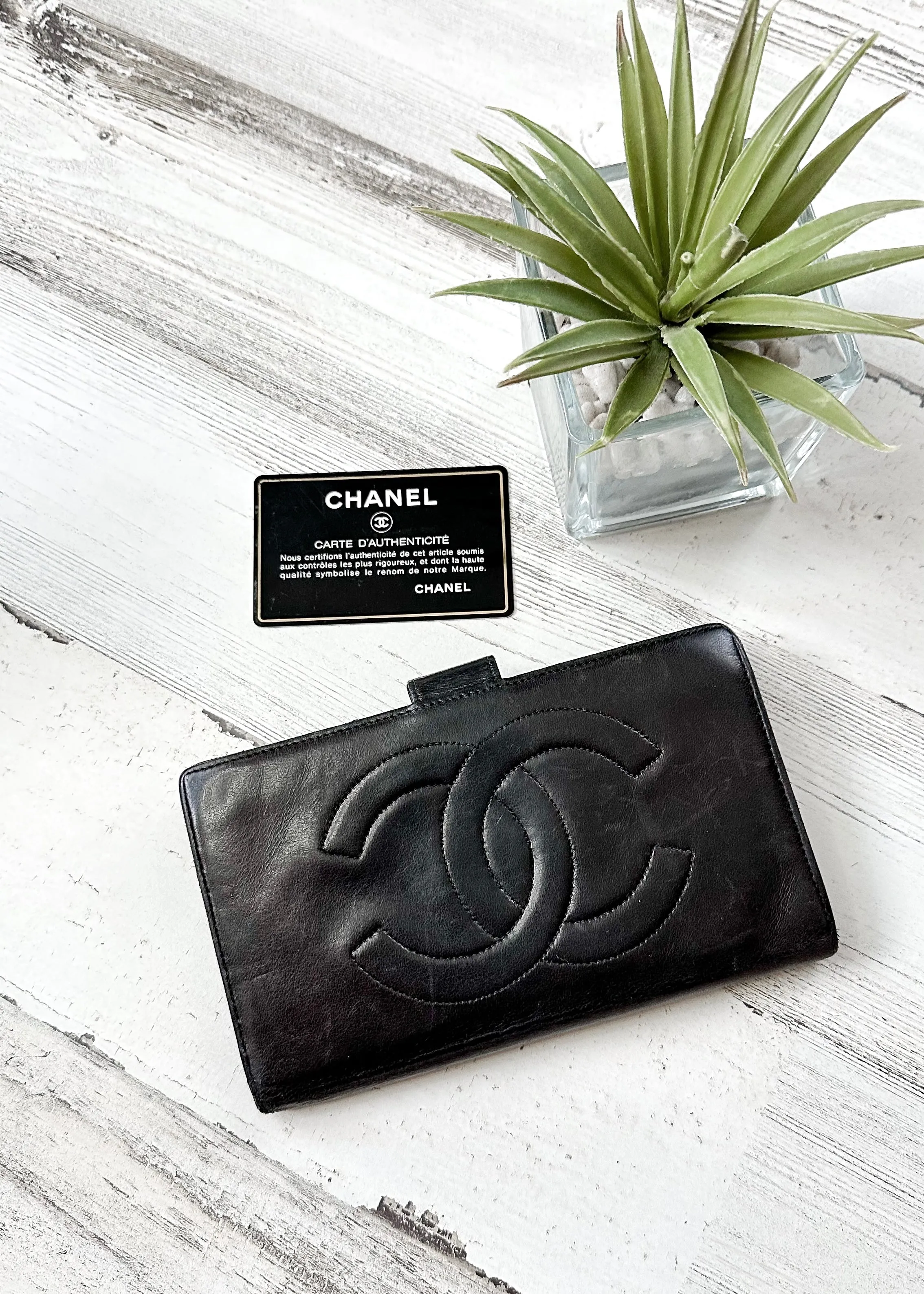 Vintage 2003 Chanel Black Lambskin Leather Bi-Fold Large Wallet