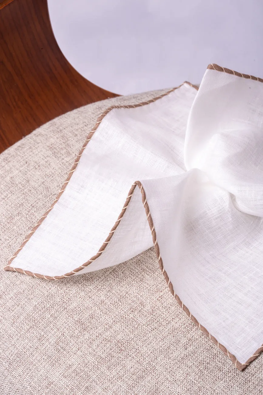 White linen pocket square with taupe and beige edges  - Made in Italy