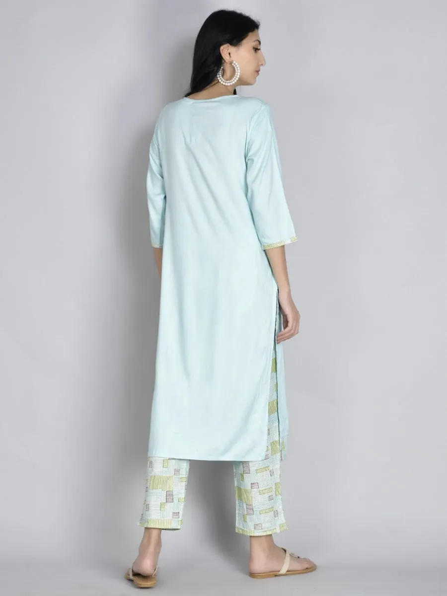 Women Aqua Blue Solid Kurta Trouser