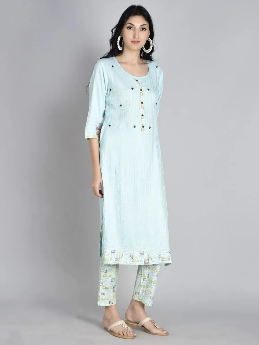 Women Aqua Blue Solid Kurta Trouser