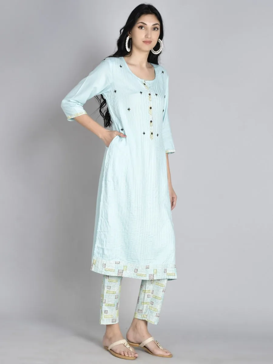 Women Aqua Blue Solid Kurta Trouser