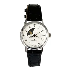 Women's 26mm Sun-Moon Phase Silver Watch with Black Leather Strap