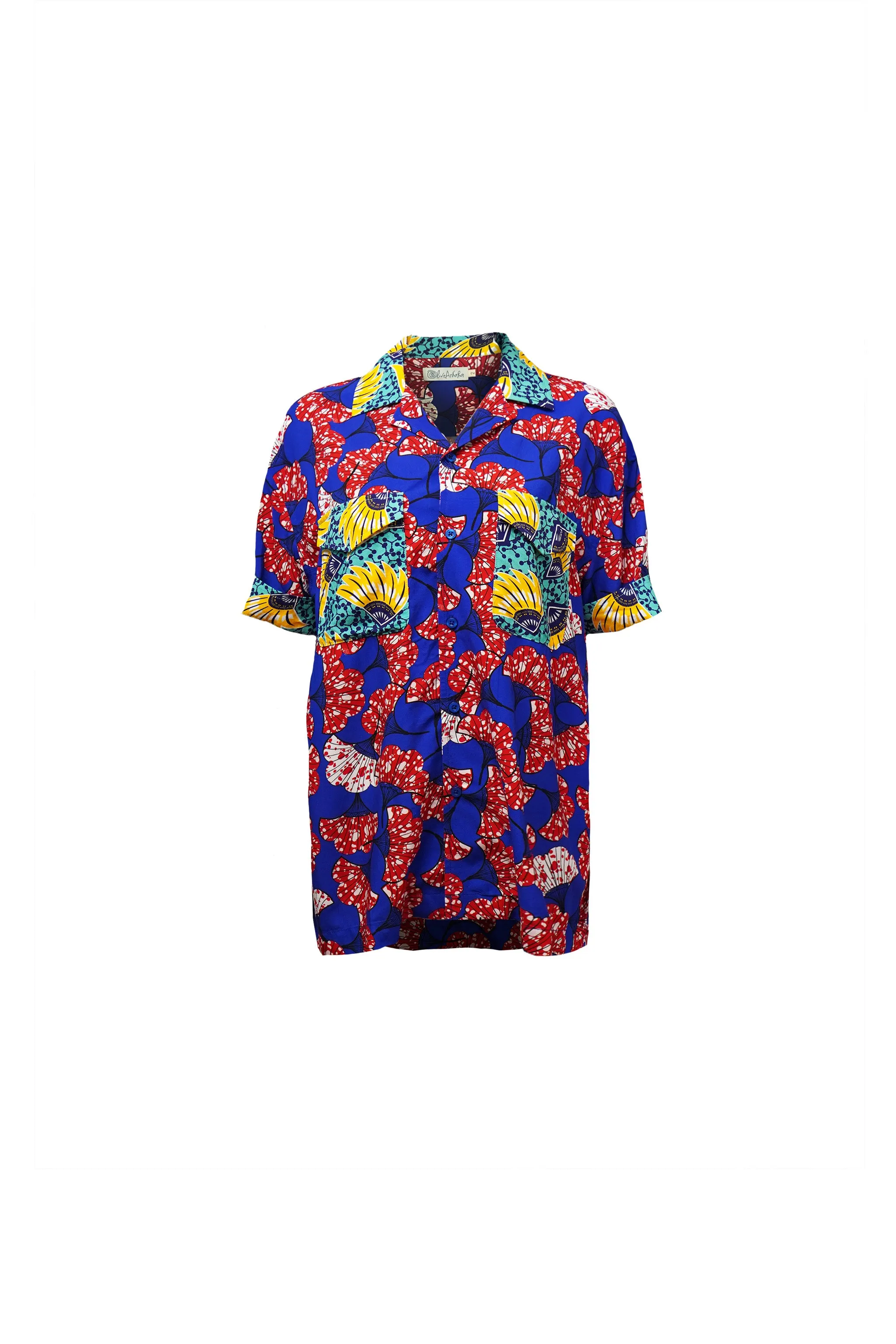 Yinka Shirt with Contrasting Collar and Pockets - Mix Match Blue Red Yellow and Cyan Print | ILC OA OG