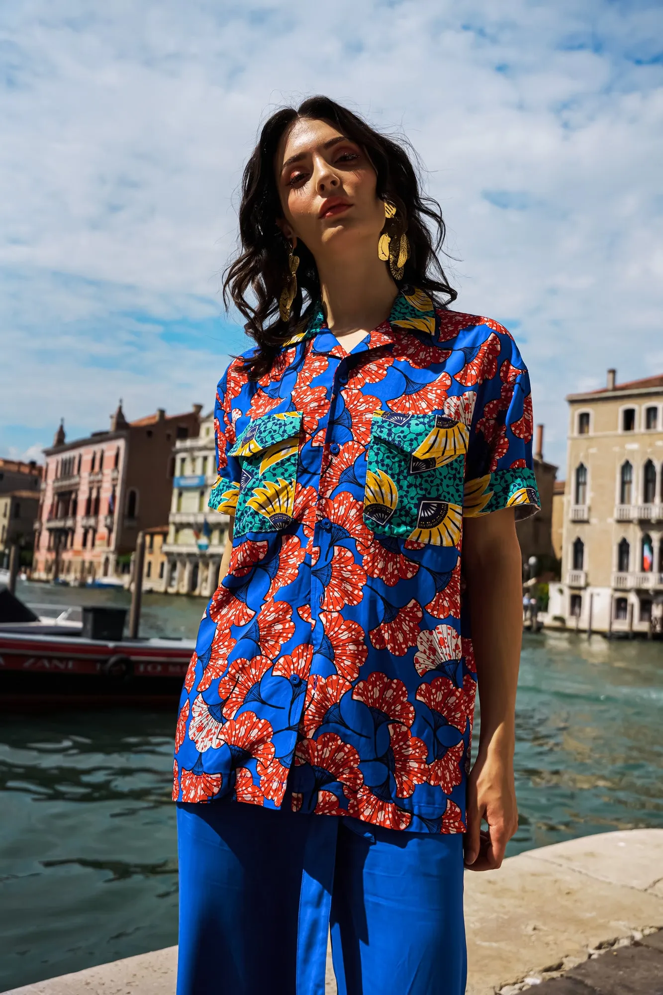 Yinka Shirt with Contrasting Collar and Pockets - Mix Match Blue Red Yellow and Cyan Print | ILC OA OG